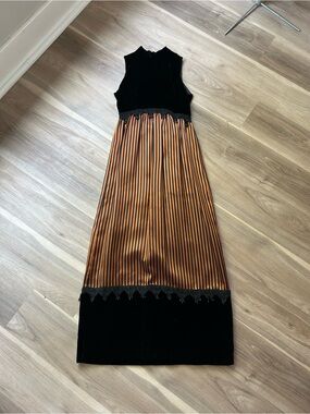 Vintage Witchy Goth Black & Orange Striped Maxi Dress w Velvet Bodice and bead